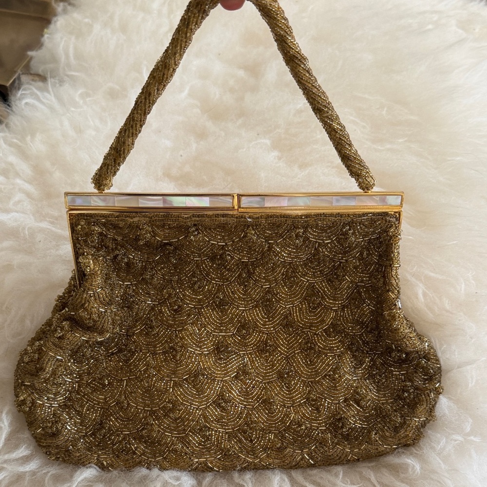 Vintage Gold Beaded Evening Clutch with Top Handle & Mother-of-pearl inlay snap - Picture 2 of 7